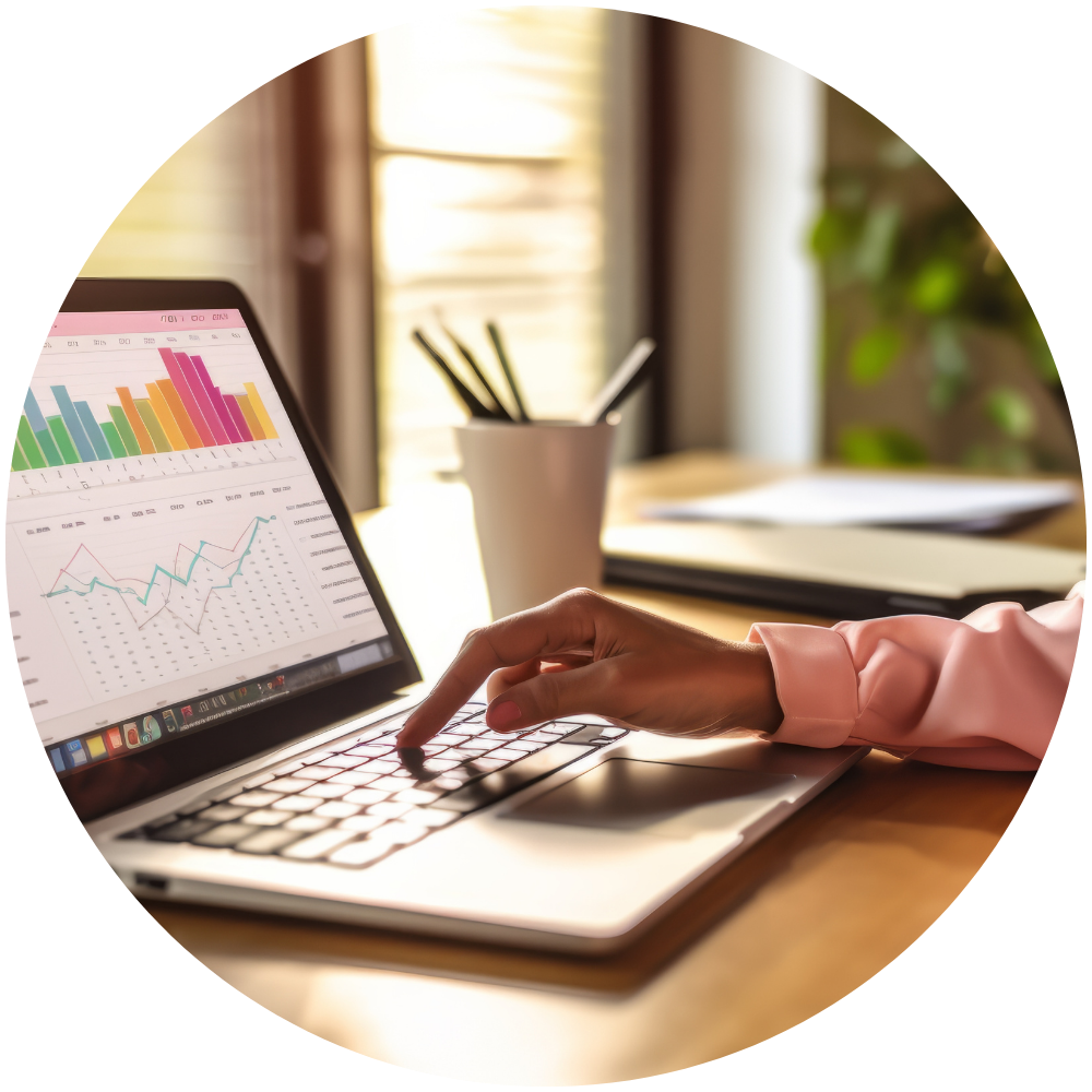 Circle pic of Lynn 1000x1000 (2) a picture of a woman typing on a laptop with a display of charts and graphs