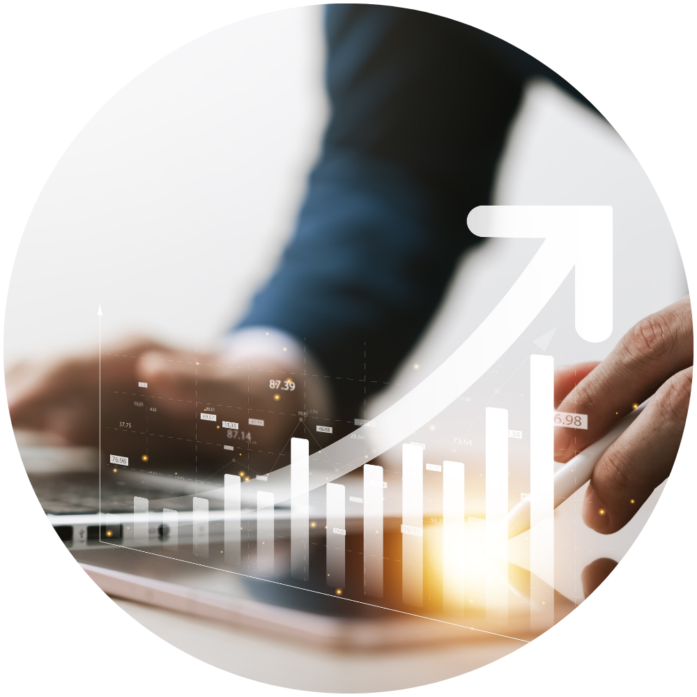 Revenue Growth Strategies a man in a suits arm behind an image of a graph showing an upward trend